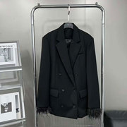 BBLY欧洲站小众黑色鸵鸟拼袖中长款西服气质名媛流苏西装外套
