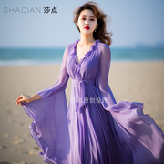 紫色雪纺长裙v领收腰显瘦连衣裙春夏过膝大摆裙，海边沙滩长裙