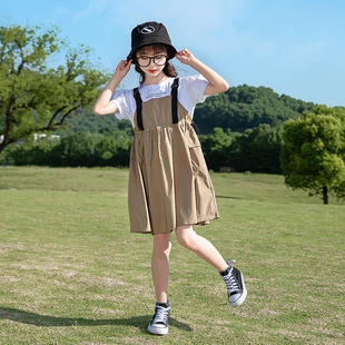 韩国女童背带裙夏装中大儿童夏季短袖洋气公主裙子假两件套连衣裙
