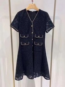 春夏款黑色法式V领香风蕾丝短袖连衣裙 HFJEC4663A-2999