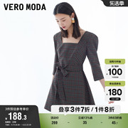 Vero Moda奥莱夏季复古通勤气质时尚格子方领花苞袖连衣裙