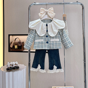 eyas娃娃领小香风外套，喇叭裤套装2023秋装女童，上衣花边长裤两件套