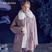 vjcolivia2023秋冬紫色羊毛呢子，大衣狐狸毛撞色格纹外套女装