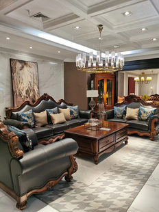 美式实木沙发别墅古典家具欧式轻奢真皮沙发纯实木四人位沙发组合