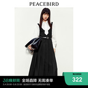 太平鸟背带设计感拼接连衣裙2022黑色百褶长裙时尚高级感