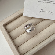 s925纯银日韩版双层戒指，ins博主小众设计清冷感宽面弧形开口指环