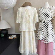 韩系重工天丝套装女夏季白月光(白月光)领口系带娃娃衫+半身裙两件套