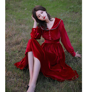 春秋季娃娃领收腰长袖金丝绒连衣裙女法式复古气质赫本风红色裙子