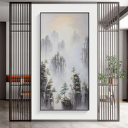 新中式纯手绘山水油画，玄关高端客厅装饰画肌理，画过道挂画轻奢壁画
