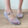 凉鞋女夏季2024年水晶透明鞋，一字式扣带罗马鞋，坡跟包头洞洞鞋