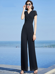 黑色连体裤2024年女夏气质高腰，显瘦阔腿裤垂感连体衣套装女