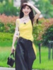 女子推理社田曦薇同款黄色吊带背心设计感飘带夏季外穿短款上衣女