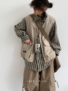 春秋日系复古拼接假两件工装，衬衫男女机能多口袋马甲长袖衬衣外套