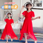 女童红色连衣裙短袖夏季雪纺洋气，儿童长裙前短后长小女孩公主裙子