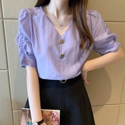 V领女上衣遮肚子短袖夏季宽松洋气紫色锁骨衬衫泡泡袖雪纺衫