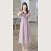 紫色连衣裙女夏2022高级感荷叶边法式V领收腰显瘦仙女裙长裙