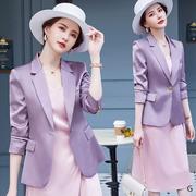 紫色修身西装外套女春秋2024高端醋酸缎面小个子职业西服套装