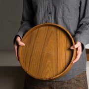 手作木器柚木托盘果盘茶盘日式创意家用面包，水果整木实木圆盘子