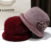 紫色礼帽2021女秋冬加绒兔毛，保暖花朵女帽，中老年妈妈奶奶盆帽