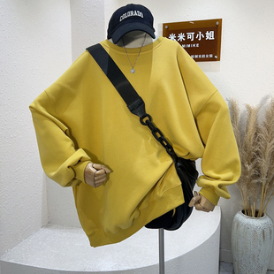 米米可2023秋季韩版学生纯色圆领套头长袖卫衣女宽松慵懒情侣上衣