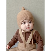 韩版婴儿帽子秋冬保暖毛线，帽可爱纯色百搭奶嘴针织男女宝宝护耳帽