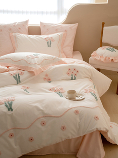 富山草莓韩式小清新花朵全棉，水洗棉四件套少女，心纯棉被套床单