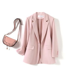 春秋茶系网红炸街穿搭高级感粉色长袖小西装女外套中长款西服上衣