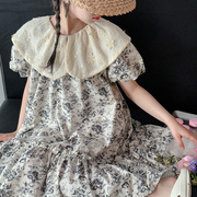 女童碎花连衣裙夏季韩系网红洋气，复古宽松娃娃领短袖甜美公主裙子