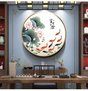 新中式九鱼图客厅装饰画玄关入户圆形挂画鲤鱼招财荷花餐厅墙