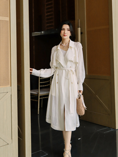 白色高级感风衣式连衣裙，女夏季雪纺中长款英伦，风双排扣防晒衣薄