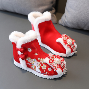 汉服鞋子女童冬季中国风，拜年鞋儿童，红色棉靴古装绣花鞋民族风靴子