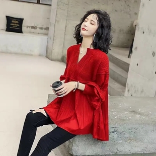 2021红色女长袖上衣秋冬时尚，宽松灯笼袖，毛线拼接衬衫裙摆小衫