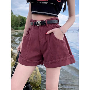 美式枣红色牛仔短裤女夏季薄款2024年设计感松紧高腰卷边热裤