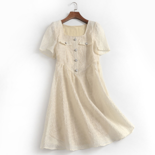 l205香风方领连衣裙女2023夏装肌理感米白色，泡泡短袖法式裙子