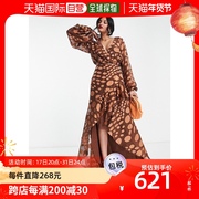 香港直邮潮奢 ASOS 女士设计缎面提花翘曲斑点裹式束腰长款连衣裙