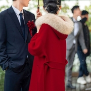 羊范新娘红色双面羊毛大衣女，结婚新年秋冬季大毛领气质毛呢外套