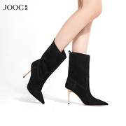 jooc玖诗金属细高跟中筒靴秋冬性感，尖头时装靴法式优雅女鞋