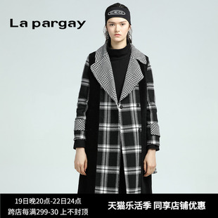 Lapargay纳帕佳女装冬季黑白色格子大衣中长款毛呢外套