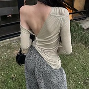 小众不对称设计露背镂空扭结长袖罩衫纯色休闲斜肩一字领T恤小衫