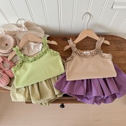 2024童装夏季女宝宝吊带花边套装糖果色半身裙两件套童装
