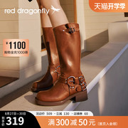 红蜻蜓骑士靴女2023秋季中筒英伦风复古西部靴粗跟长筒靴短靴