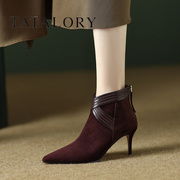 tatalory女靴磨砂尖头，短靴女2023时尚，高跟鞋及踝靴春秋单靴