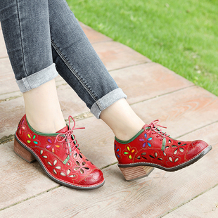 羊皮圆头镂空洞洞鞋，2024夏季中跟欧美风，真皮外穿凉鞋红色大码女鞋