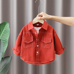 童装男童衬衫纯棉儿童红色衬衫2024秋装中小童宝宝衬衣薄外套
