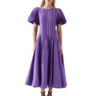 跨境外贸夏季紫色，收腰a字连衣裙百褶长裙，圆领2023年夏季短袖