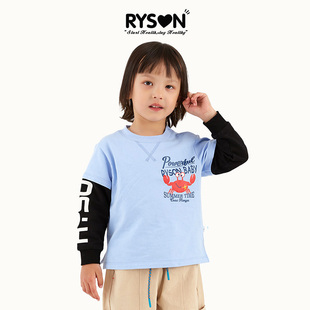 RYSON潮童装INS春秋儿童男童蓝色圆领卡通螃蟹假两件毛圈卫衣