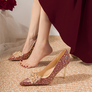 婚鞋秀禾主婚纱两穿新娘鞋法式酒，红色水晶高跟鞋不累脚高级感