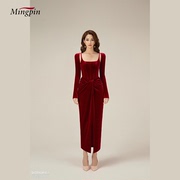 丝绒连衣裙春夏时尚，酒红天鹅绒吊带收腰修身气质显瘦女士长裙