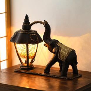 异丽东南亚灯饰泰国雕刻大象台灯复古竹编酒店卧室床头装饰台灯