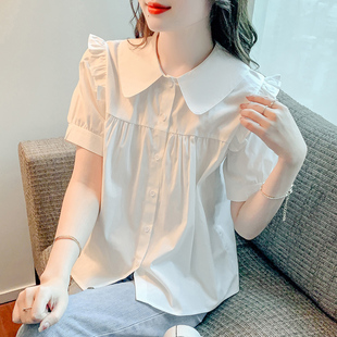 夏季娃娃领小清新学院风白色，衬衫女日系，复古甜美减龄短袖衬衣